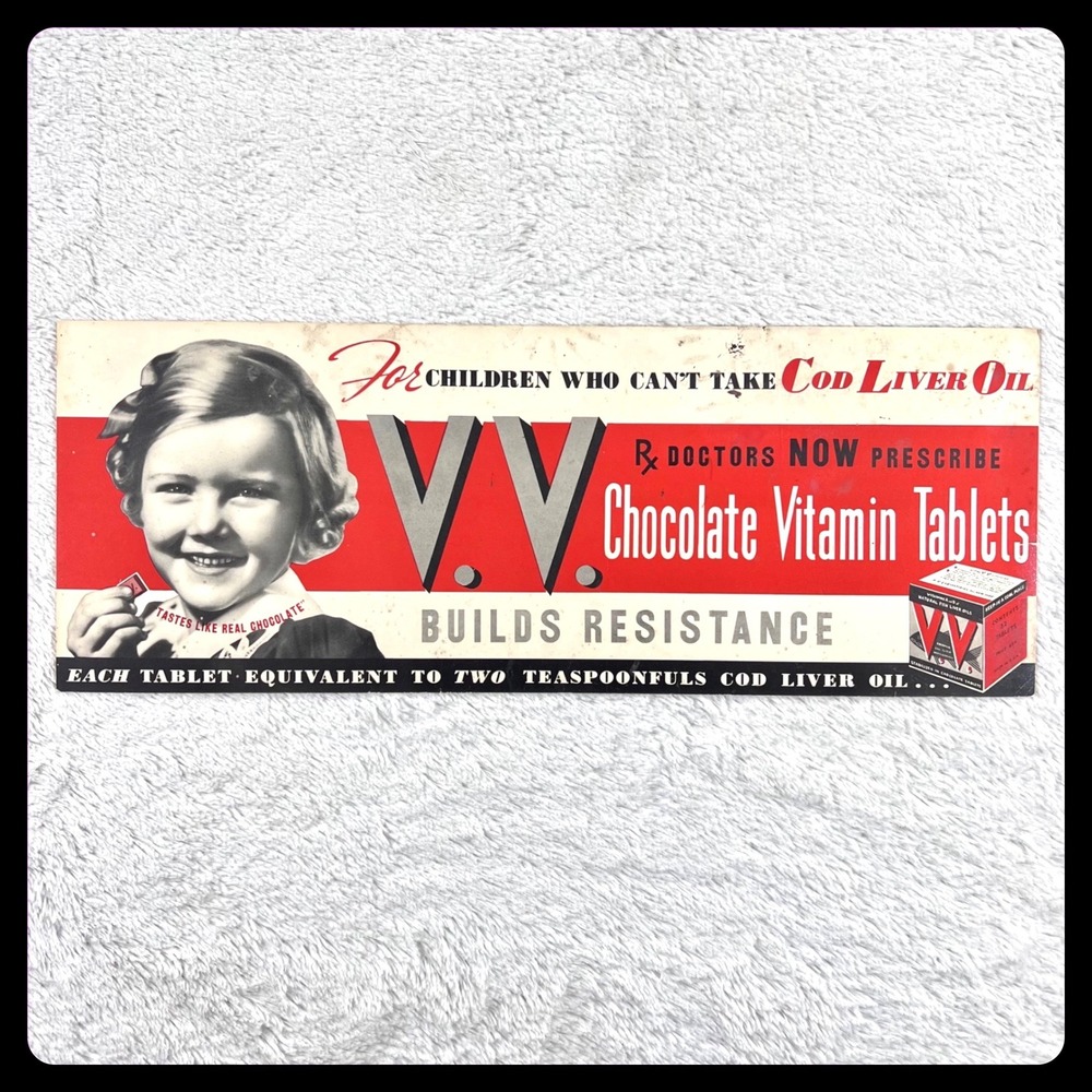 1930s‎ VV Chocolate Vitamin Advertisement Sign 20" Cardboard